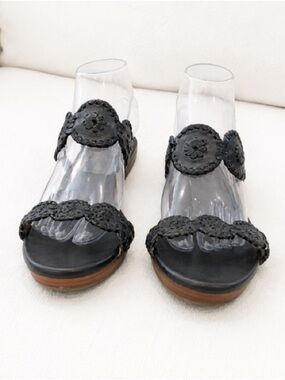Jack Rogers Black Woven Leather Slide Sandals with Medallions